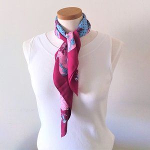 Vintage Large Square Wine, Pink, Blue & Beige Floral Print Scarf - 26" X 26"